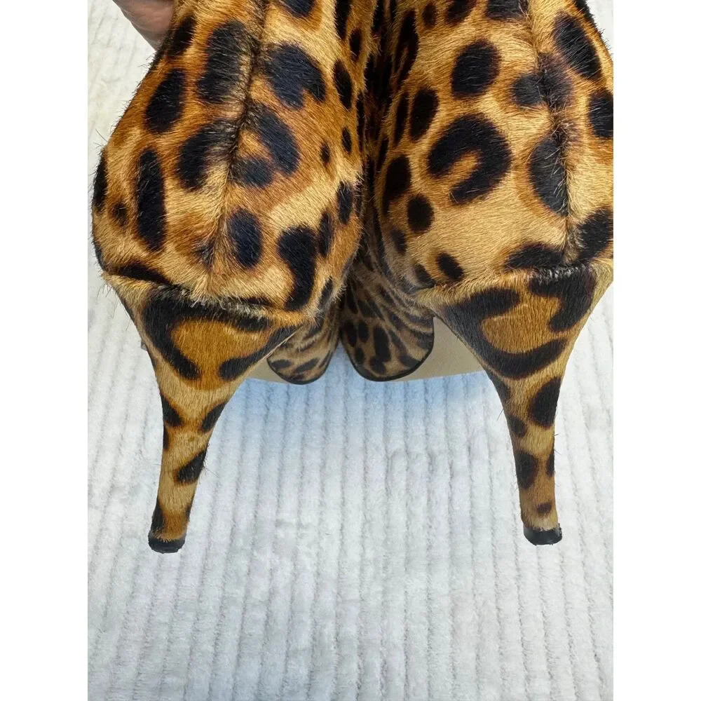 HALOGEN Genuine Calf Hair Leopard Peep Toe Booties, Sz 8.5M